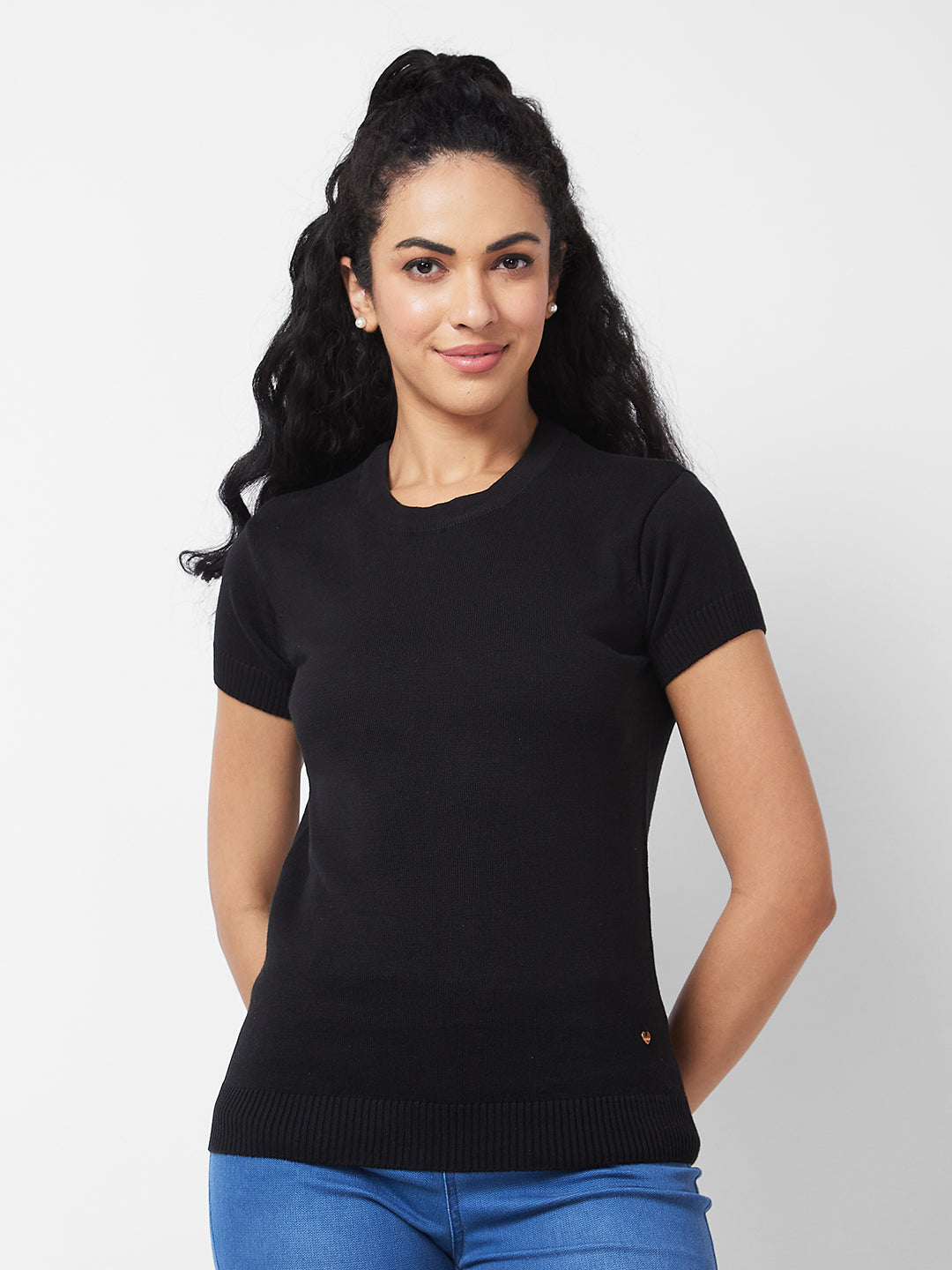 Spykar BLACK ROUND NECK Flat Knit T-shirt For Women