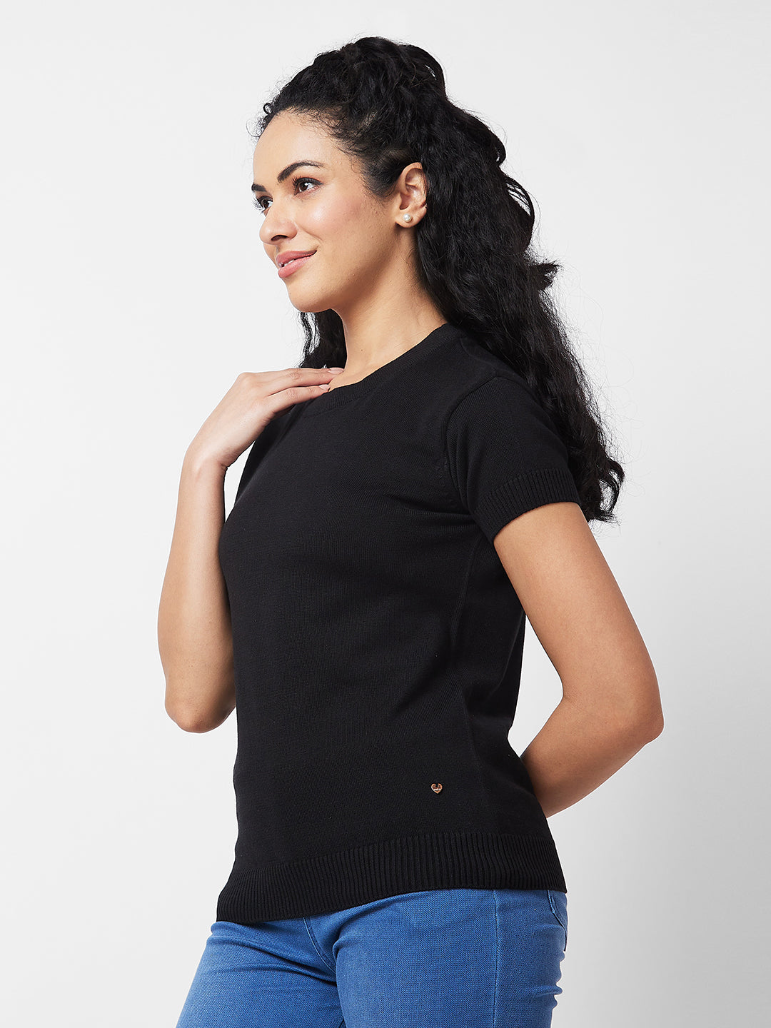 Spykar BLACK ROUND NECK Flat Knit T-shirt For Women