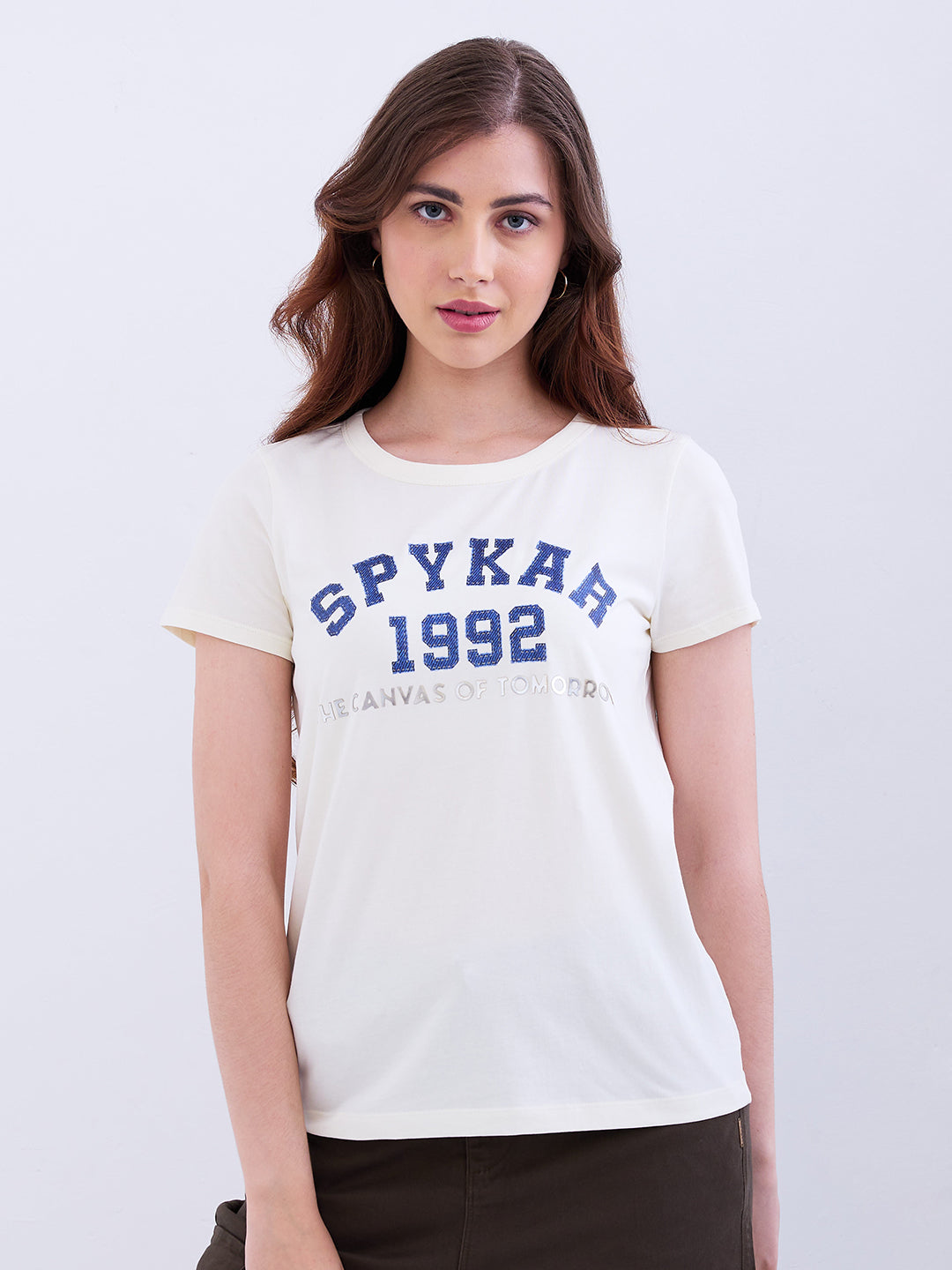 Spykar New Off White Regular Fit Casual T-Shirts For Women