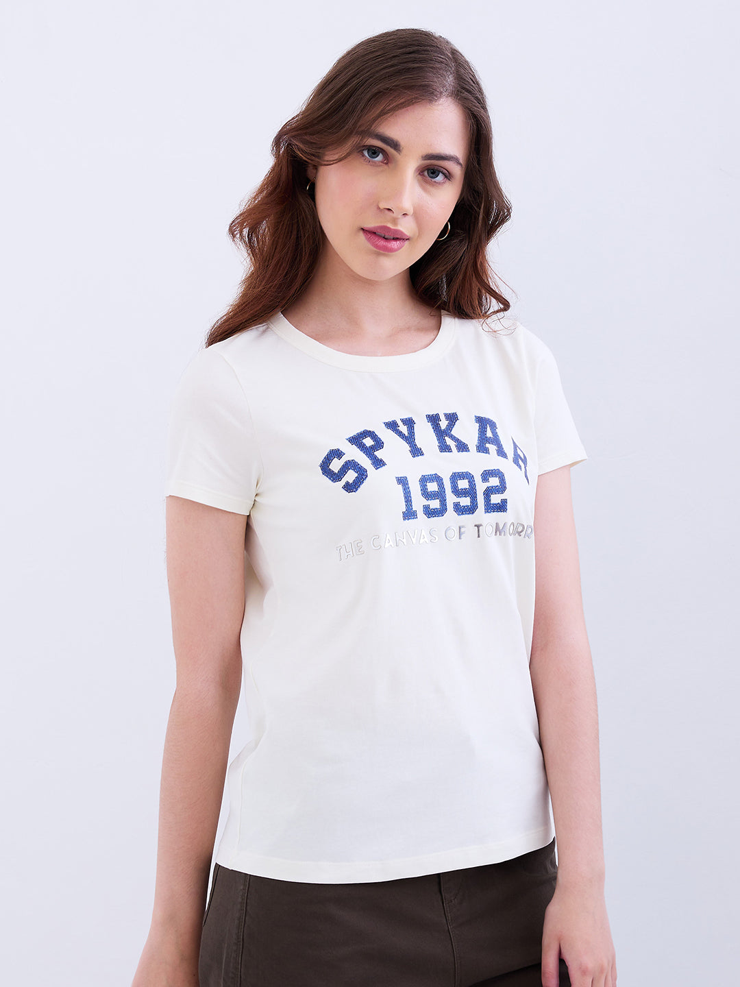 Spykar New Off White Regular Fit Casual T-Shirts For Women
