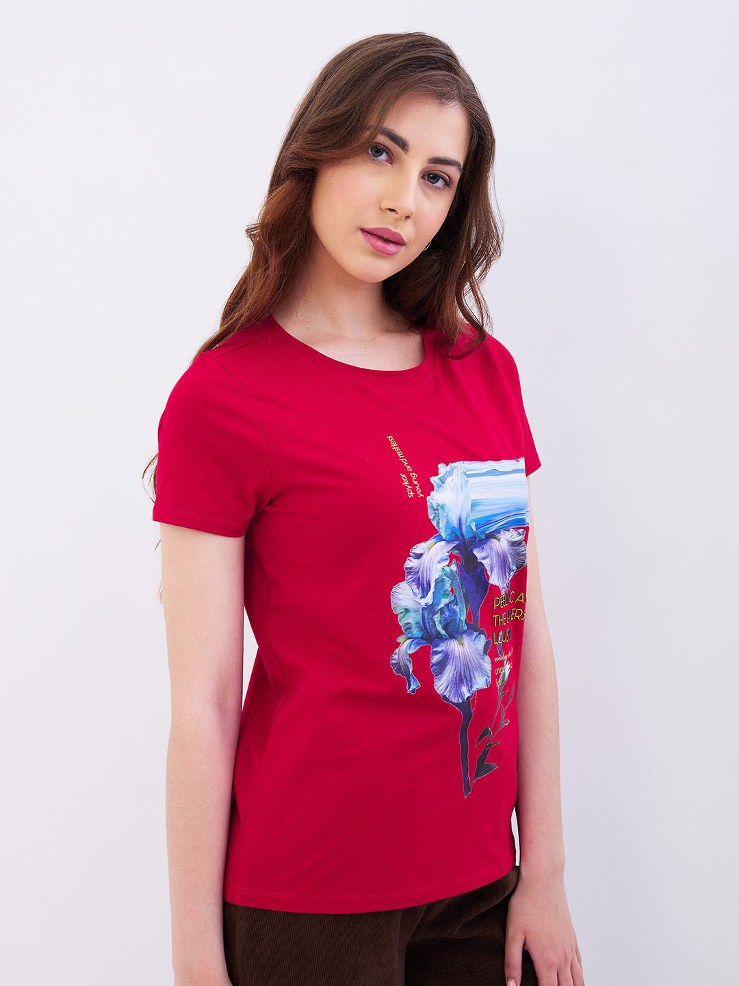 Spykar Crimson Red Regular Fit Casual T-Shirts For Women