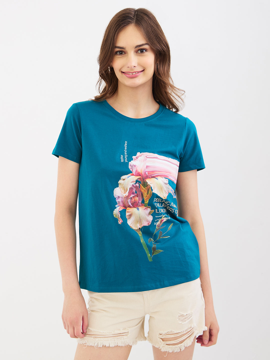 Spykar Marine Teal Blue Regular Fit Casual T-Shirts For Women