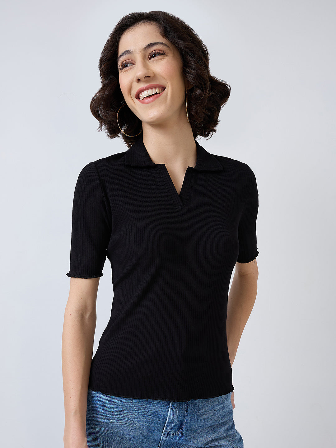 Spykar Black Slim Fit Solid Casual T-Shirt For Women