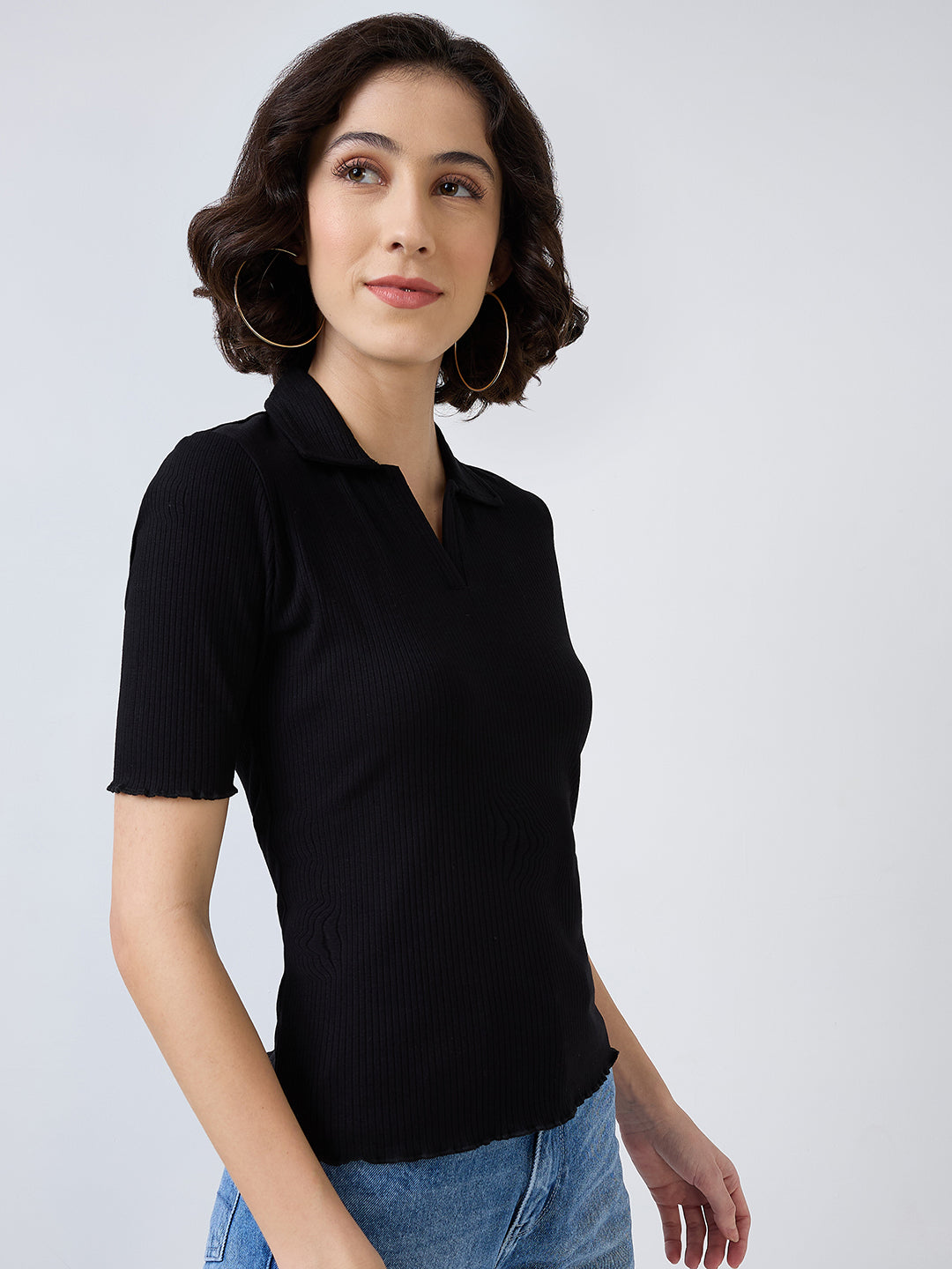 Spykar Black Slim Fit Solid Casual T-Shirt For Women