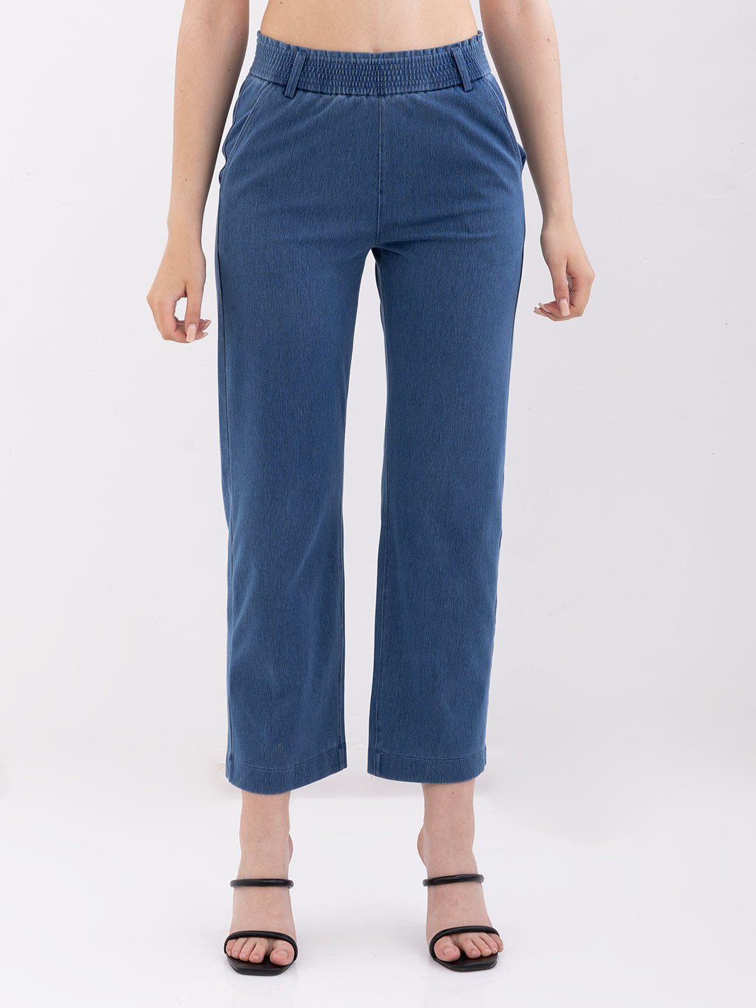 Spykar Mid Blue High Rise Straight Fit Casual Knit Track Pants For Women