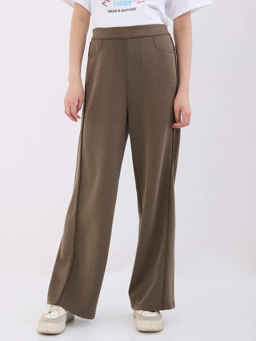 Spykar Olive Green High Rise Wide Leg Casual Knit Track Pants For Women