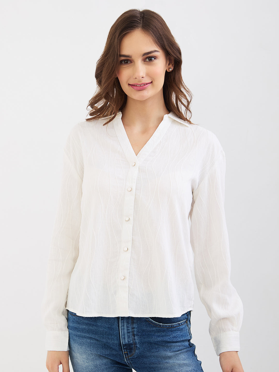 Spykar Off White Regular Fit Casual Shirts For Women