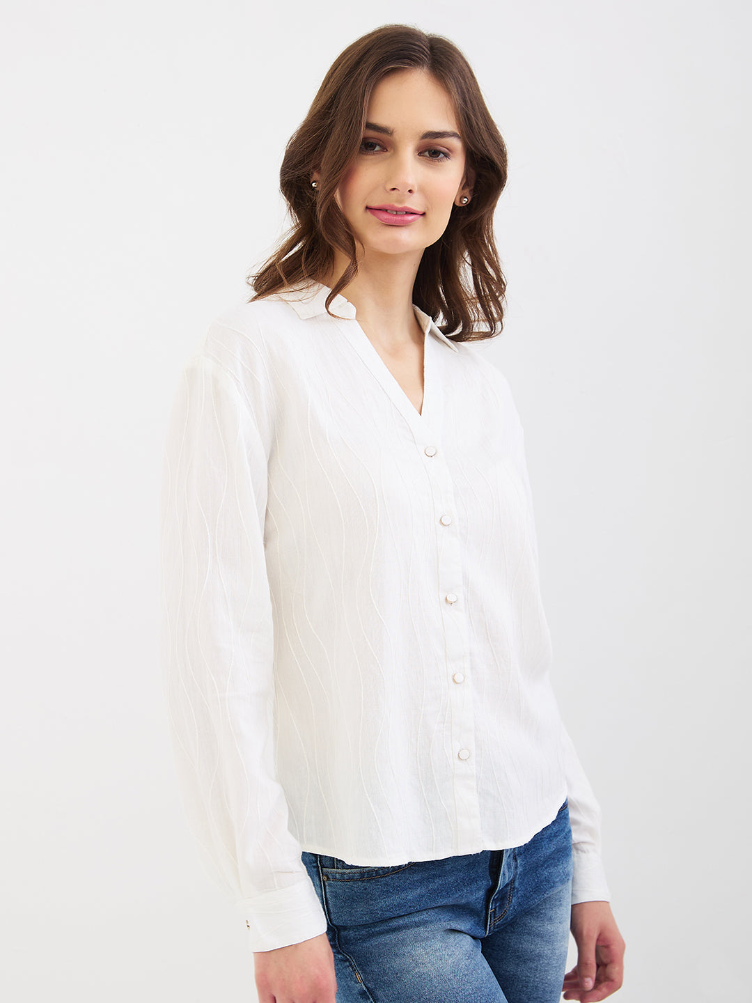 Spykar Off White Regular Fit Casual Shirts For Women