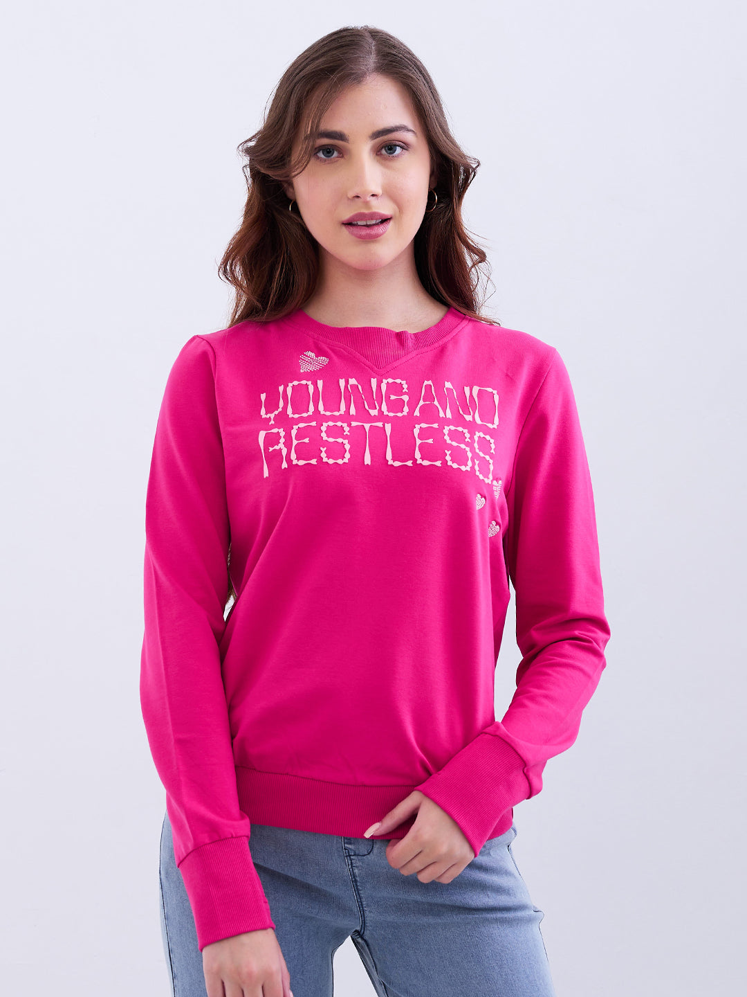 Spykar Luminous Pink Relaxed Fit Casual Sweatshirts For Women