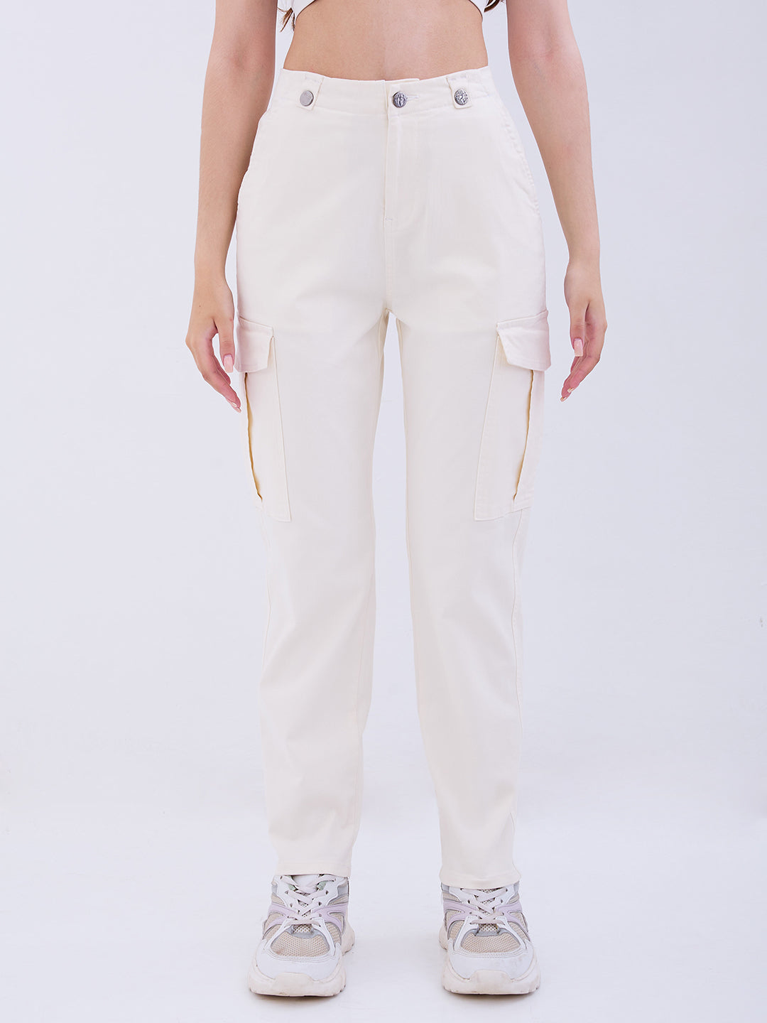 Spykar Cream White Mid Rise Cargo Fit Casual Trousers For Women
