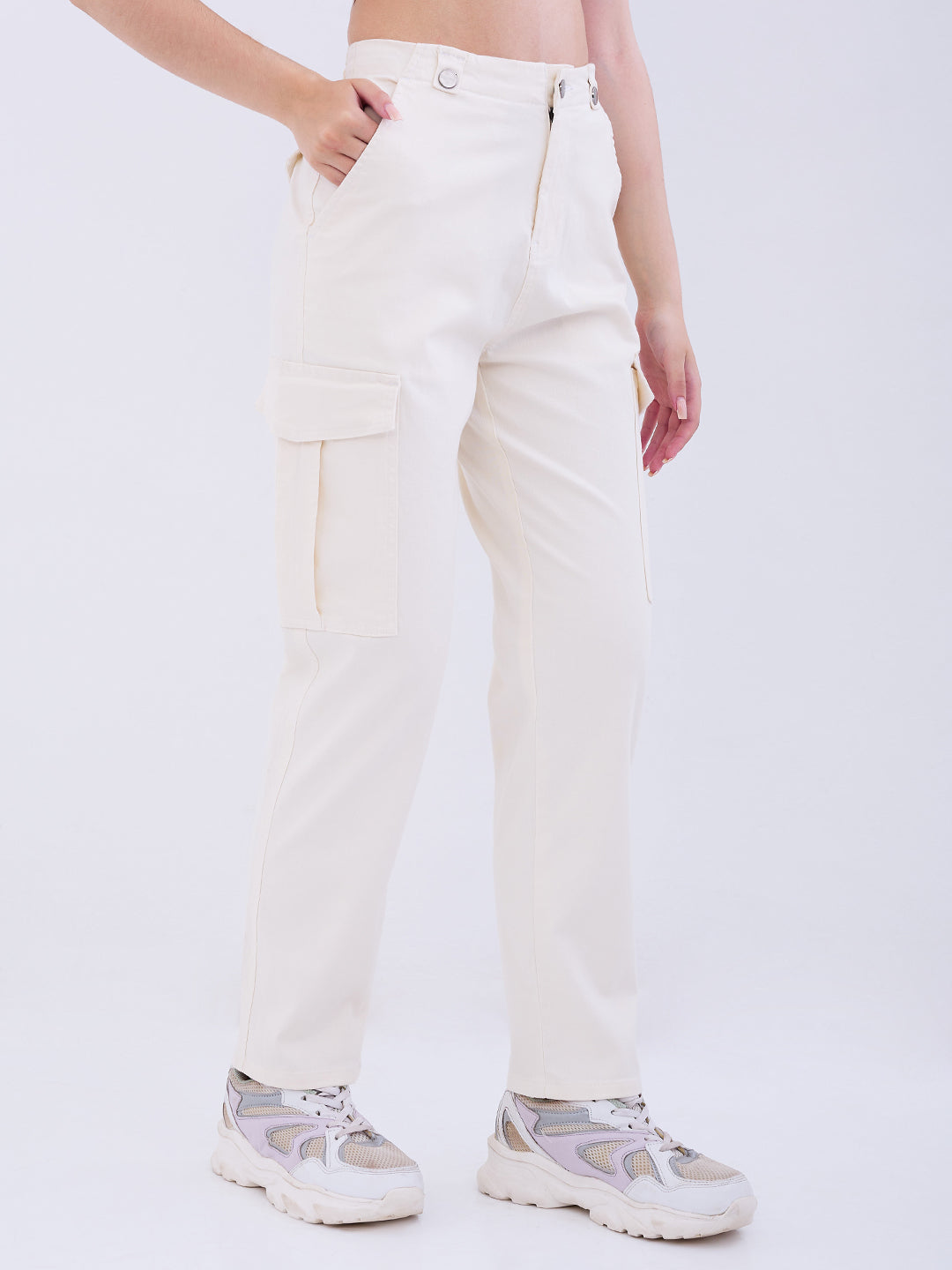 Spykar Cream White Mid Rise Cargo Fit Casual Trousers For Women