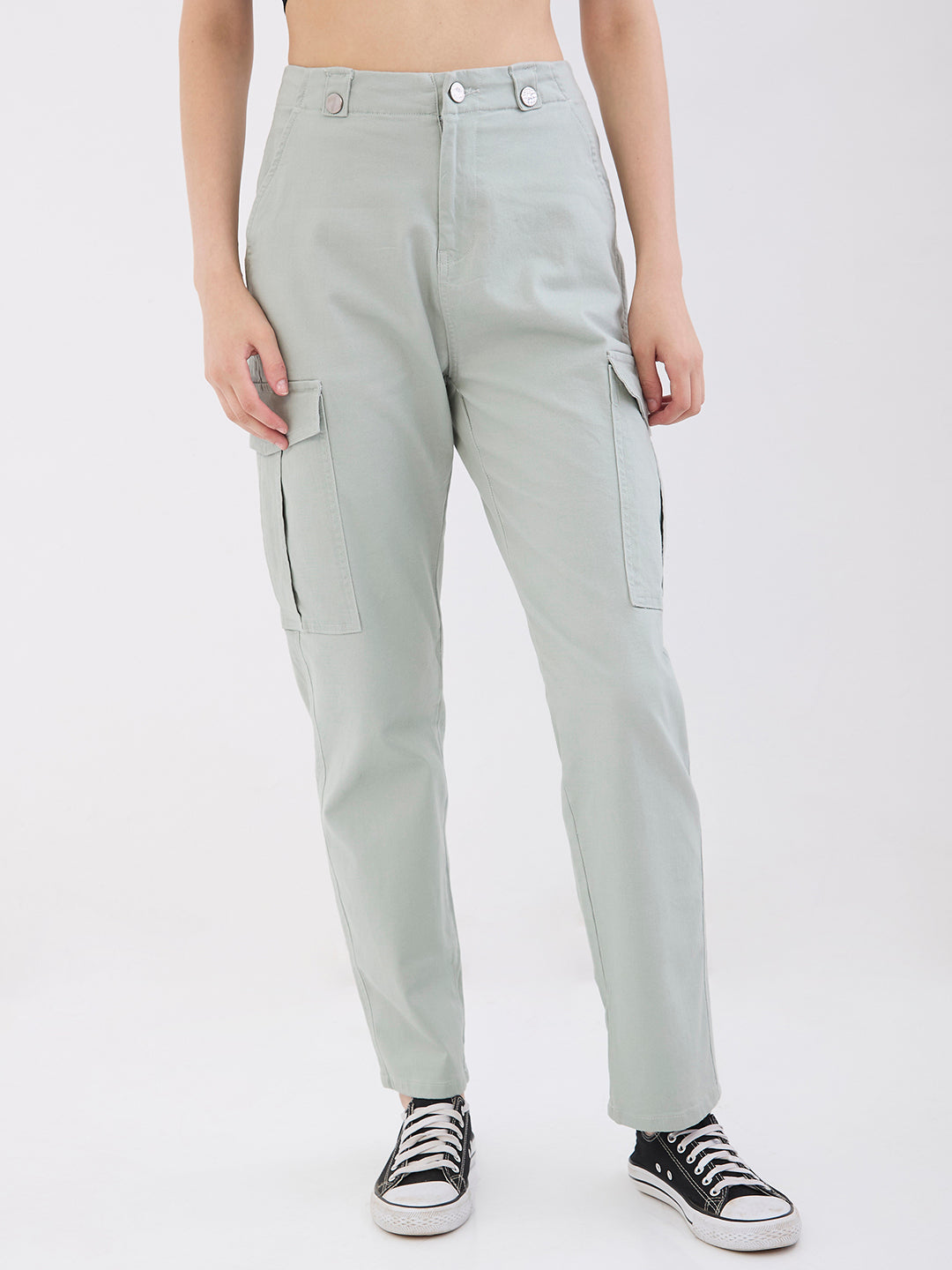 Spykar Dusty Blue Mid Rise Cargo Fit Casual Trousers For Women