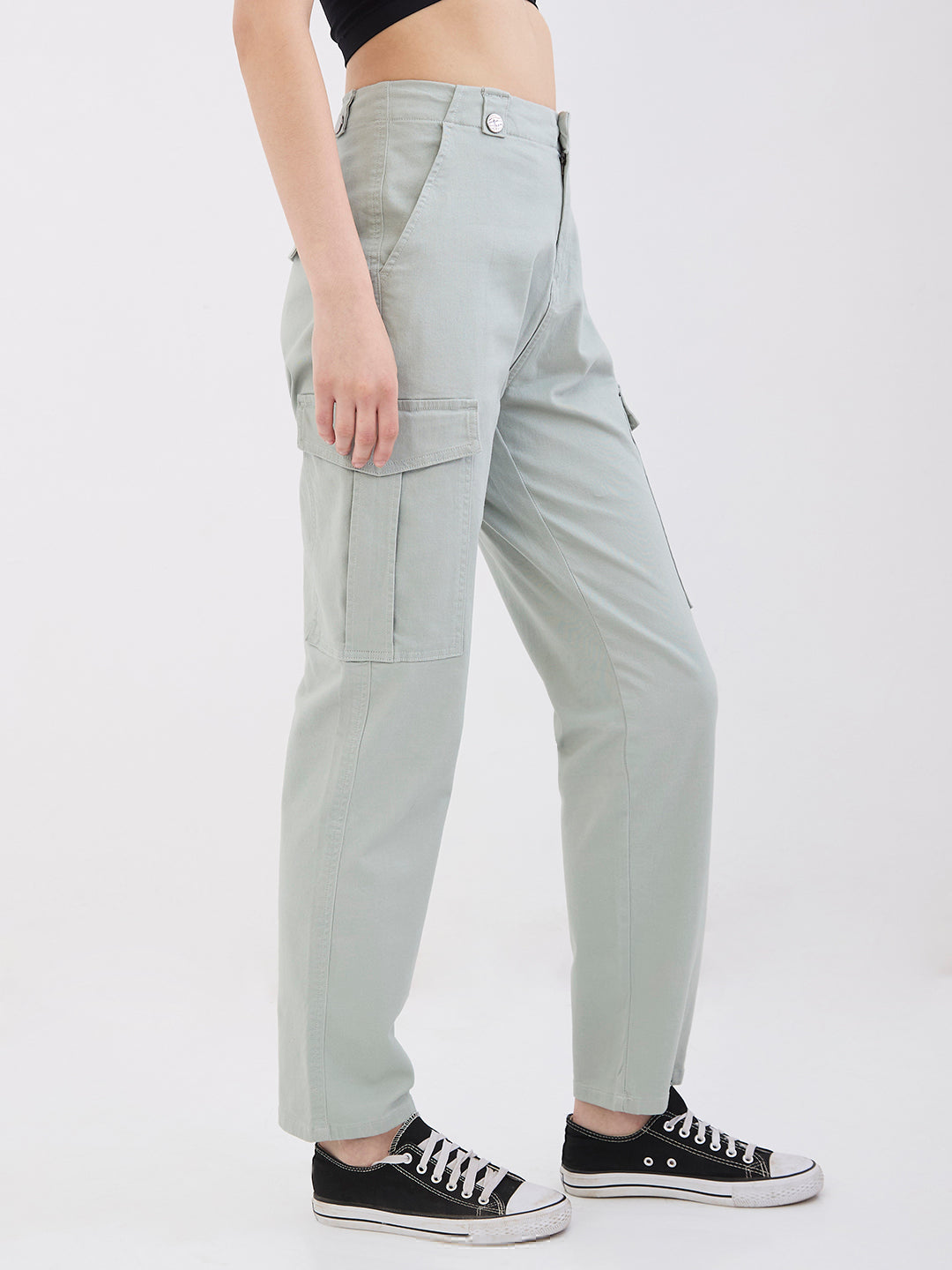Spykar Dusty Blue Mid Rise Cargo Fit Casual Trousers For Women