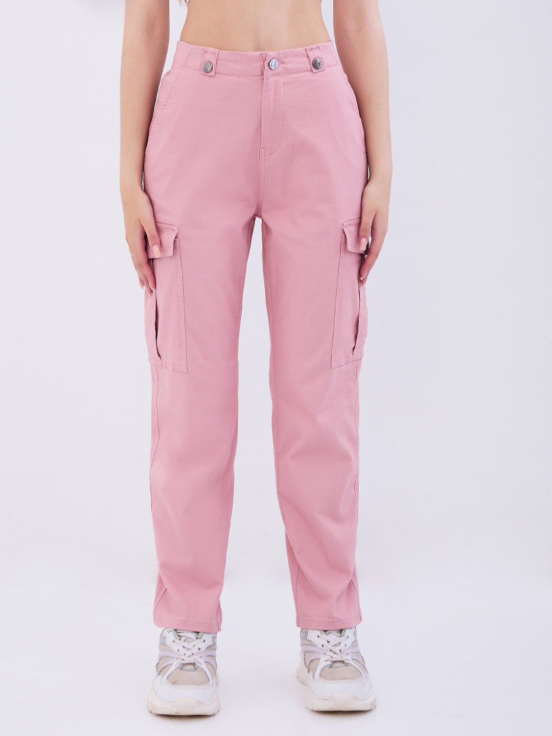 Spykar Dusty Pink Mid Rise Cargo Fit Casual Trousers For Women