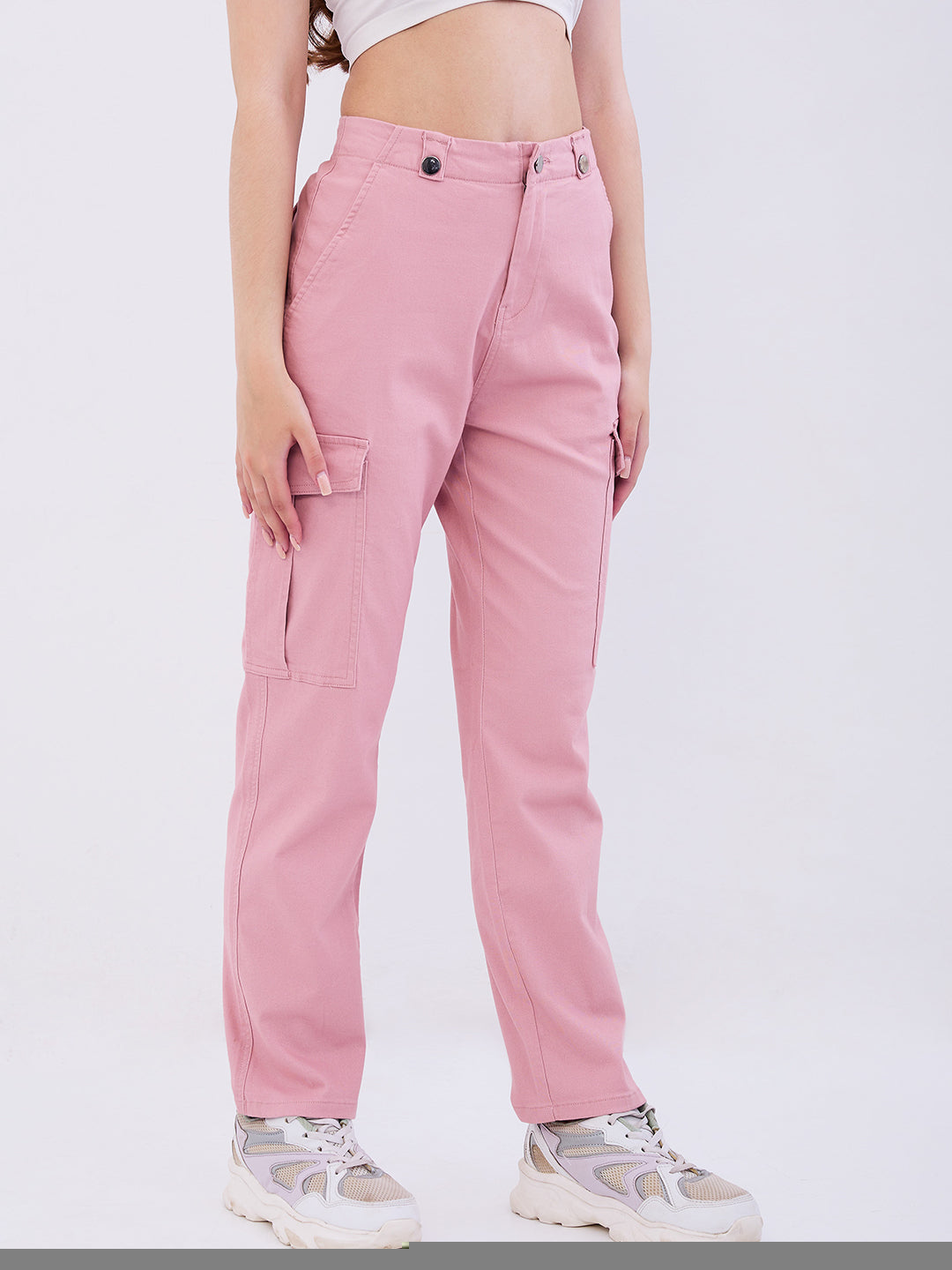 Spykar Dusty Pink Mid Rise Cargo Fit Casual Trousers For Women