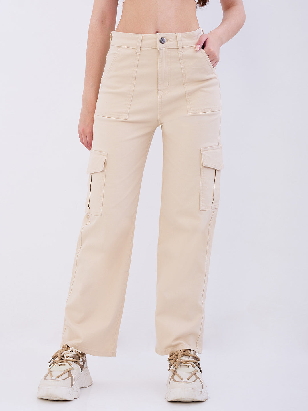 Spykar Beige High Rise Cargo Fit Casual Trousers For Women