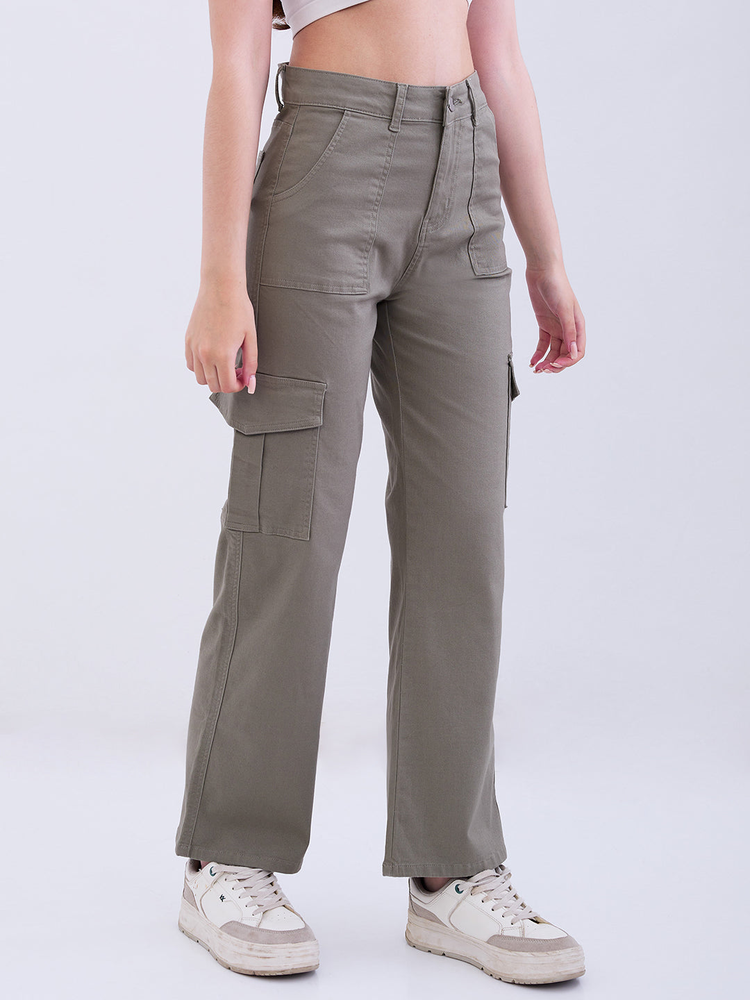 Spykar Dull Olive High Rise Cargo Fit Casual Trousers For Women