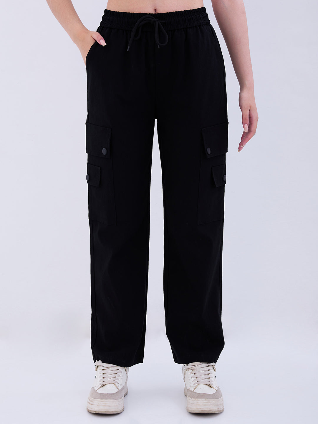 Spykar Black High Rise Cargo Fit Casual Trousers For Women