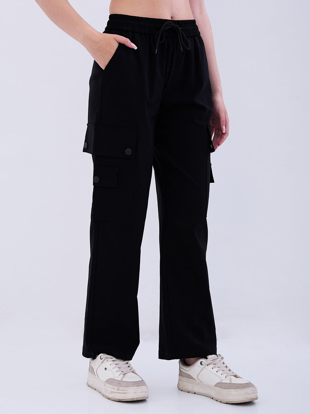 Spykar Black High Rise Cargo Fit Casual Trousers For Women