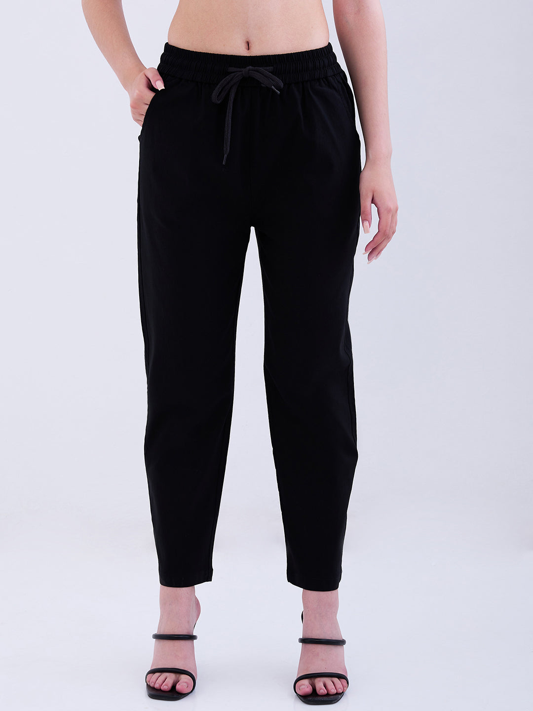 Spykar Black Mid Rise Tapered Fit Casual Trousers For Women