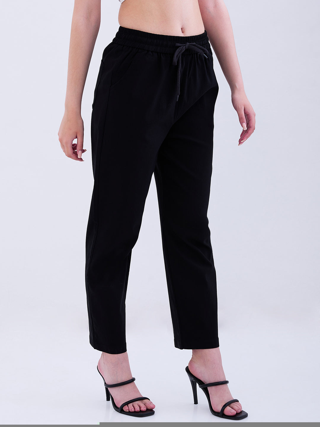 Spykar Black Mid Rise Tapered Fit Casual Trousers For Women