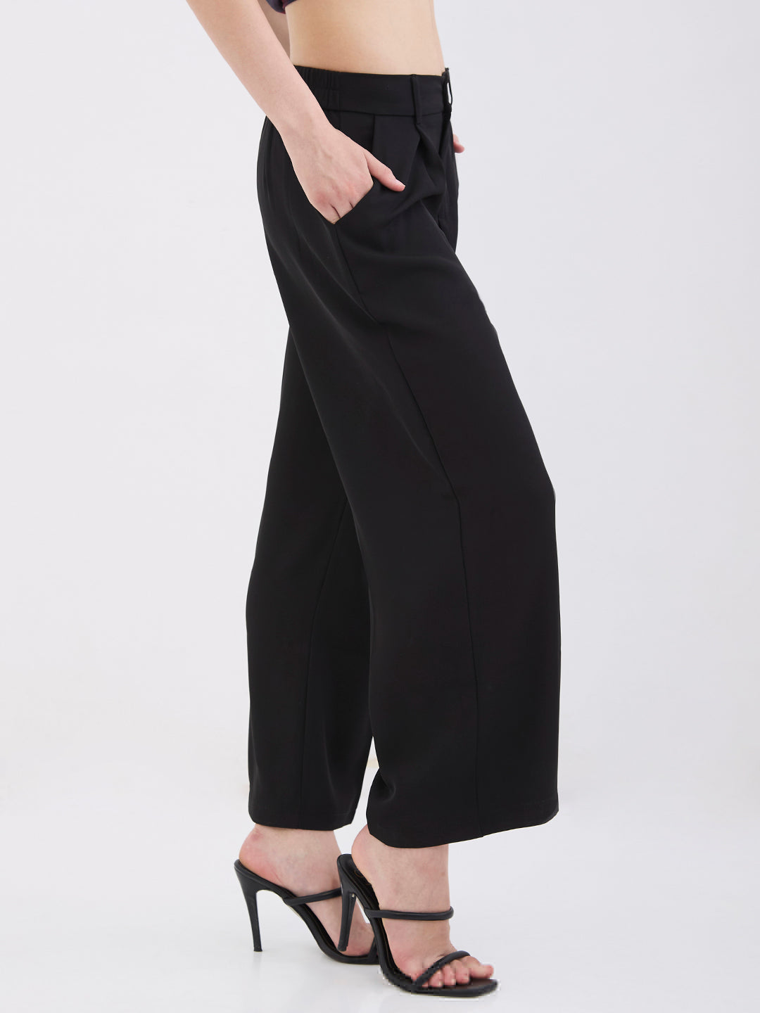 Spykar Black High Rise Wide Leg Casual Trousers For Women