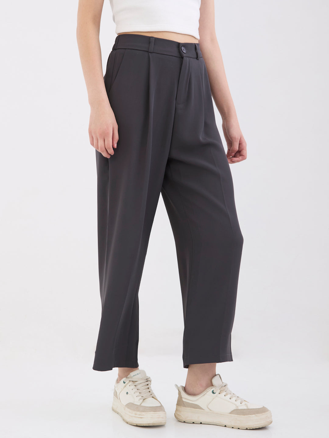 Spykar Dark Grey High Rise Wide Leg Casual Trousers For Women