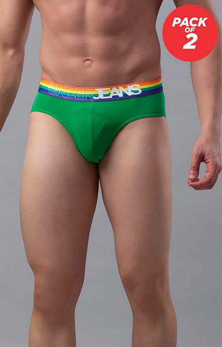 Underjeans by Spykar Men Green Multi Regular Fit Briefs (Pack of 2)