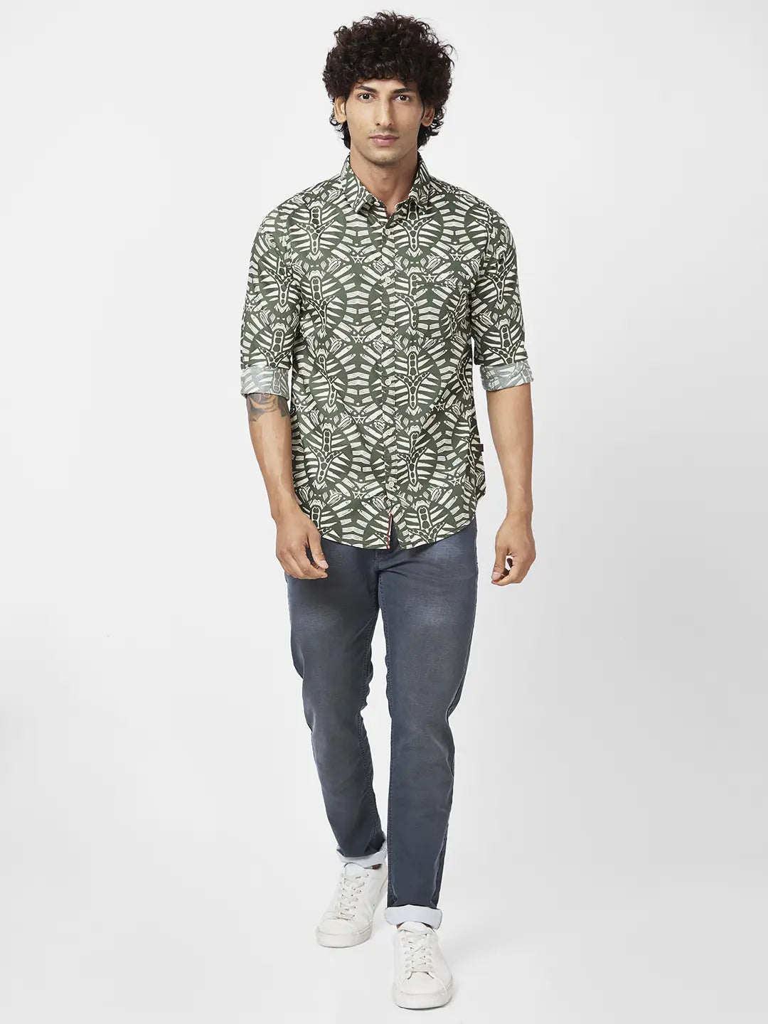 Spykar Men Rifle Green Cotton Regular Slim Fit Full Sleeve Causal Printed Shirt