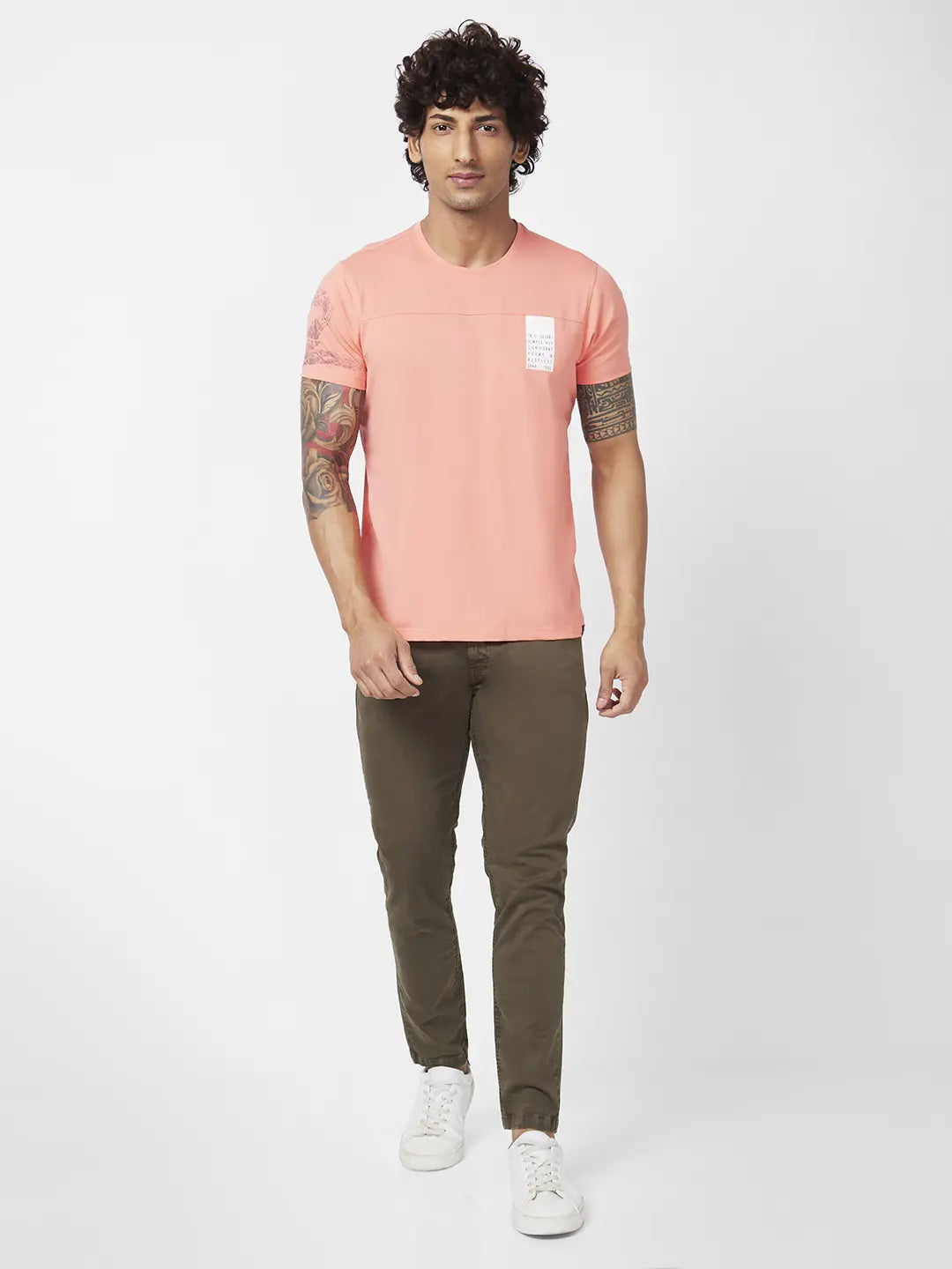 Spykar Men Peach Pink Blended Slim Fit Half Sleeve Round Neck Printed Tshirt