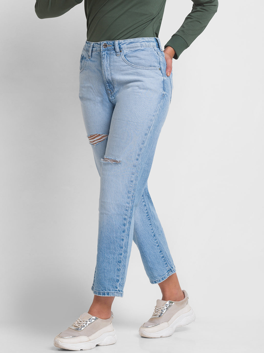 Spykar Light Blue Cotton Straight Fit Regular Length Jeans For Women