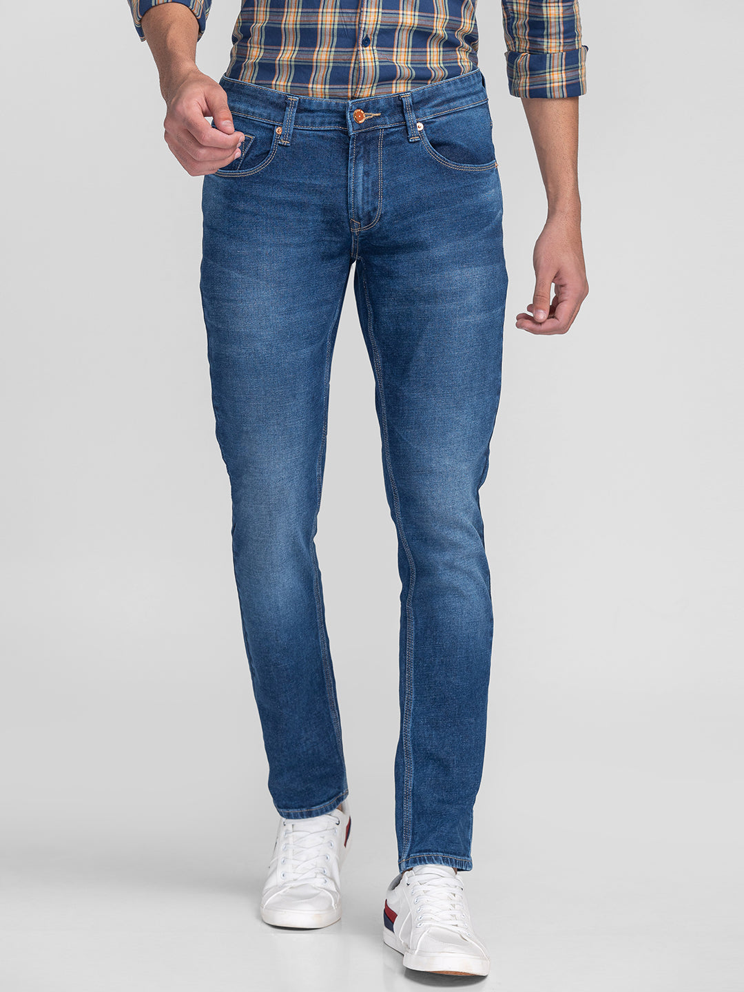 Spykar Men Mid Blue Cotton Slim Fit Narrow Length Jeans (Skinny)