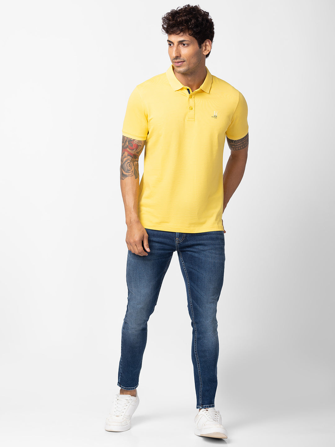 Spykar Men Yellow Cotton Regular Fit Half Sleeve Plain Polo T-Shirt