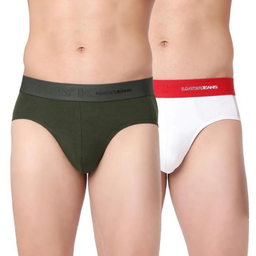 Men Olive & White Cotton Blend Brief (Pack Of 2)- Underjeans By Spykar