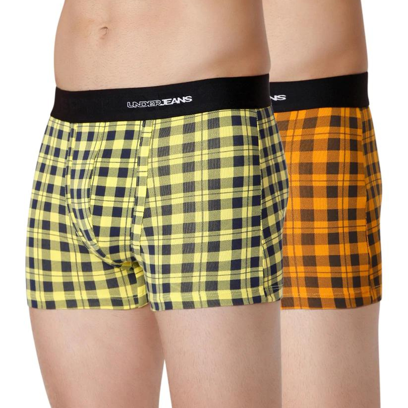 Men Orange Check & Yellow Check Cotton Blend Trunk (Pack Of 2)- Underjeans By Spykar