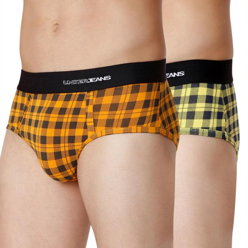 Men Orange Check & Yellow Check Cotton Blend Brief (Pack Of 2)- Underjeans By Spykar