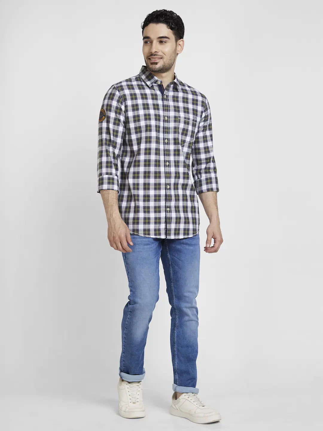 Spykar Men Rifle Green Cotton Regular Slim Fit Full Sleeve Checkered Shirt