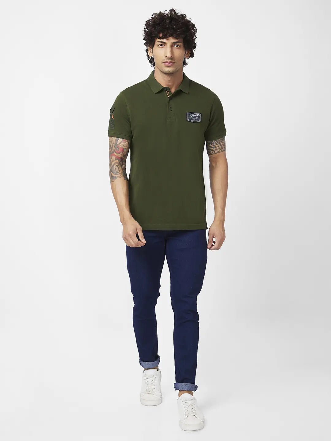 Spykar Men Rifle Green Cotton Slim Fit Half Sleeve Polo Neck Plain Tshirt