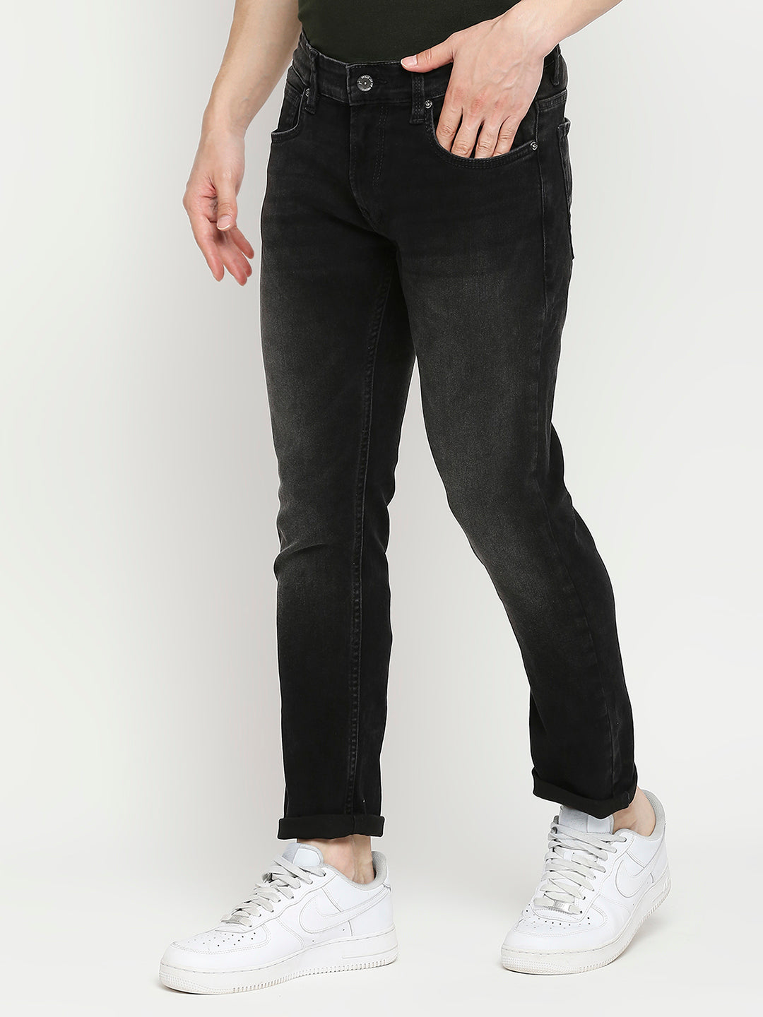 Spykar Charcoal Black Cotton Slim Fit Narrow Length Jeans For Men (Skinny)