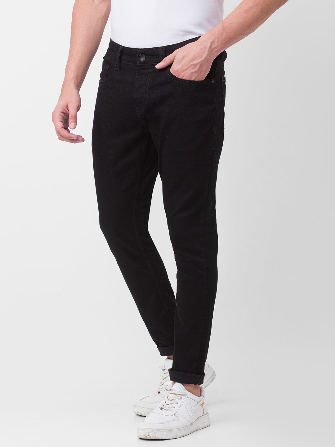 Spykar Black Cotton Slim Fit Tapered Length Jeans For Men (Kano)