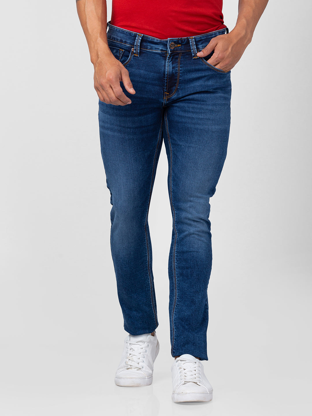 Spykar Men Mid Blue Cotton Slim Fit Narrow Length Jeans (Skinny)