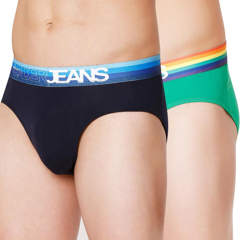 Men Green Multi & Navy Blue Cotton Blend Brief (Pack Of 2)- Underjeans By Spykar