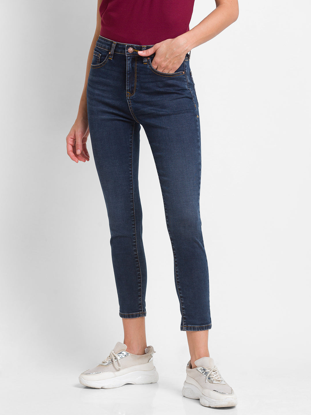 Spykar Dark Blue Lycra Super Skinny Ankle Length Jeans For Women (Alexa)