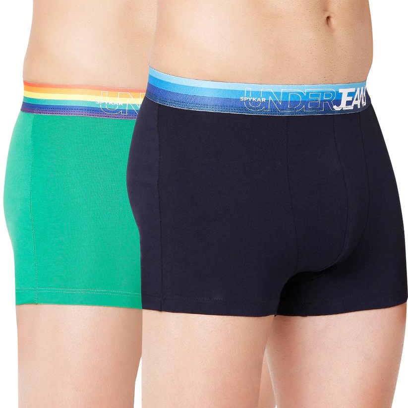 Men Green Multi & Navy Blue Cotton Blend Trunk (Pack Of 2)- Underjeans By Spykar