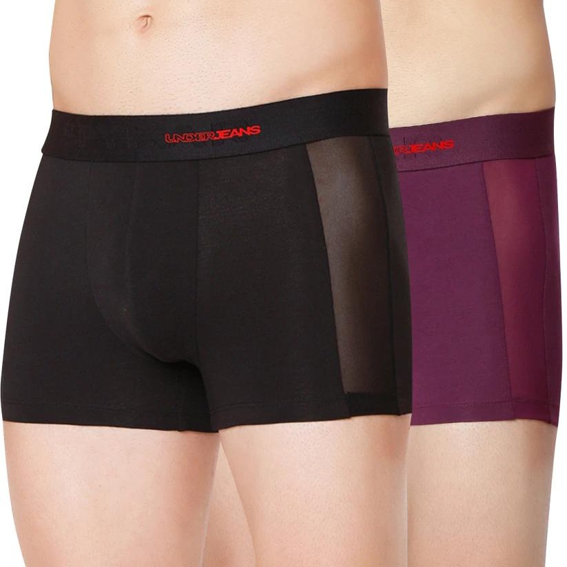 Men Black & Purple Cotton Blend Trunk (Pack Of 2)- Underjeans By Spykar