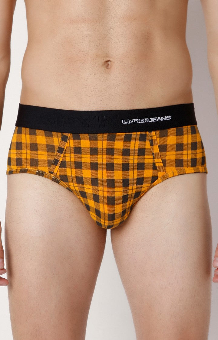 Underjeans By Spykar Men Orange Check Cotton Blend Brief
