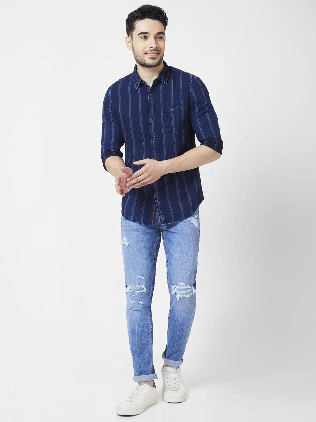 Spykar Men Indigo Blue Cotton Slim Fit Full Sleeve Striped Shirt