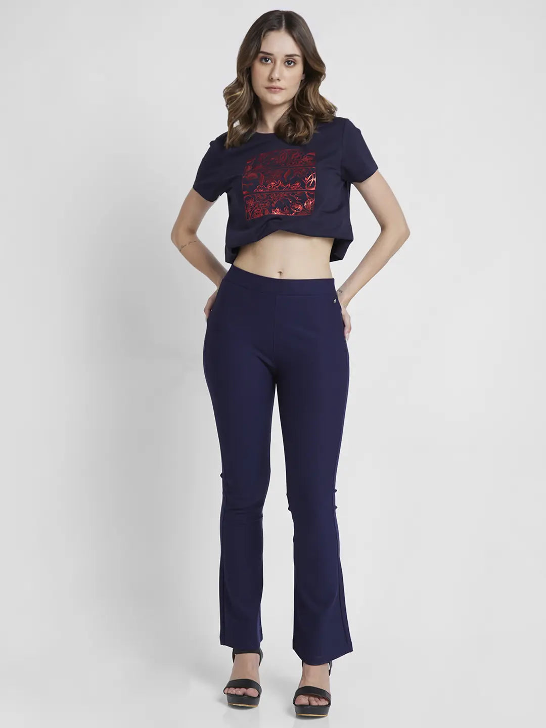 Spykar Women Navy Blue Blended Bell Bottom Fit Ankle Length Trackpant