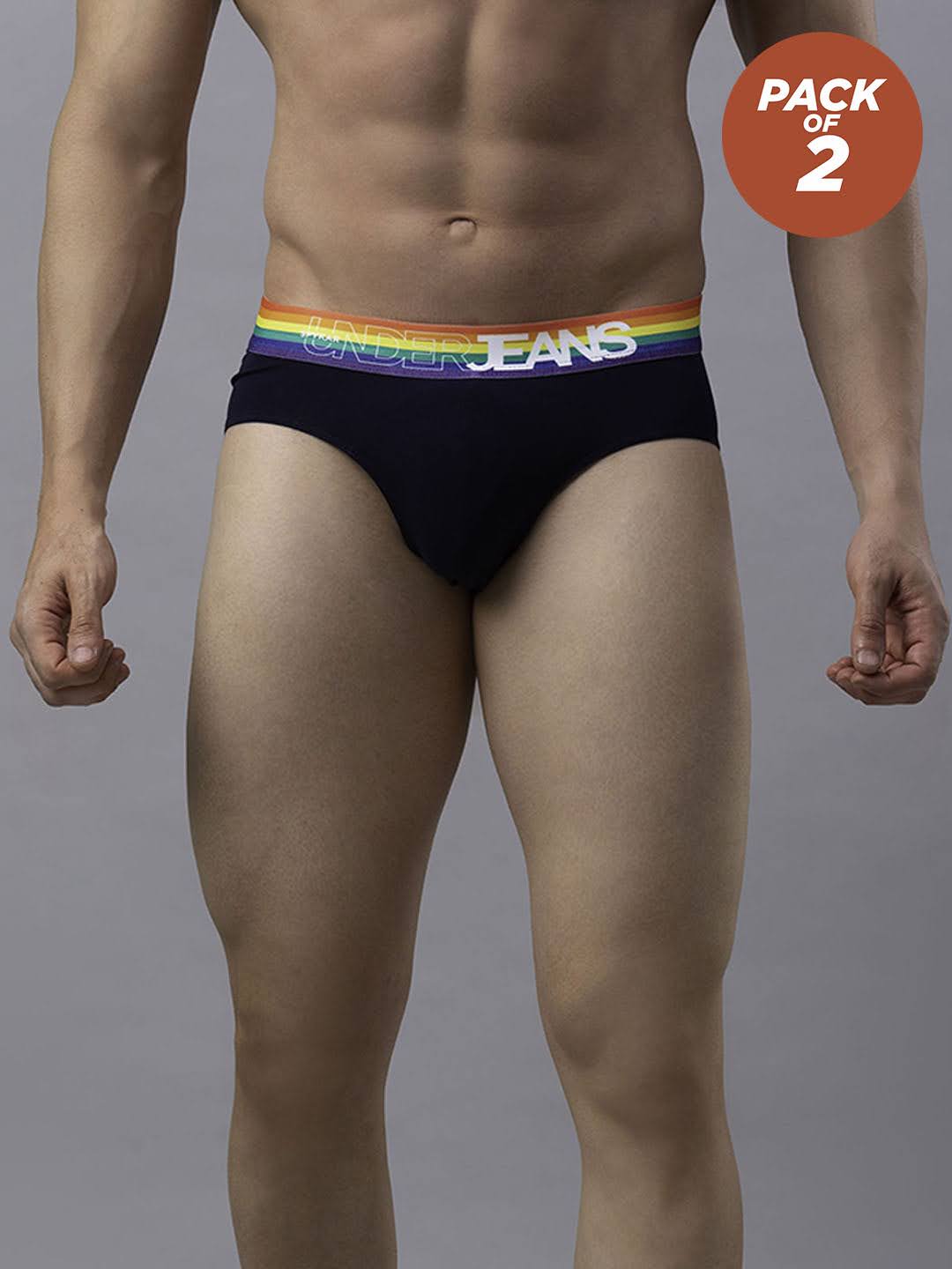 Men Cotton Blend Navy-Multi Brief - (Pack Of 2)- Underjeans By Spykar