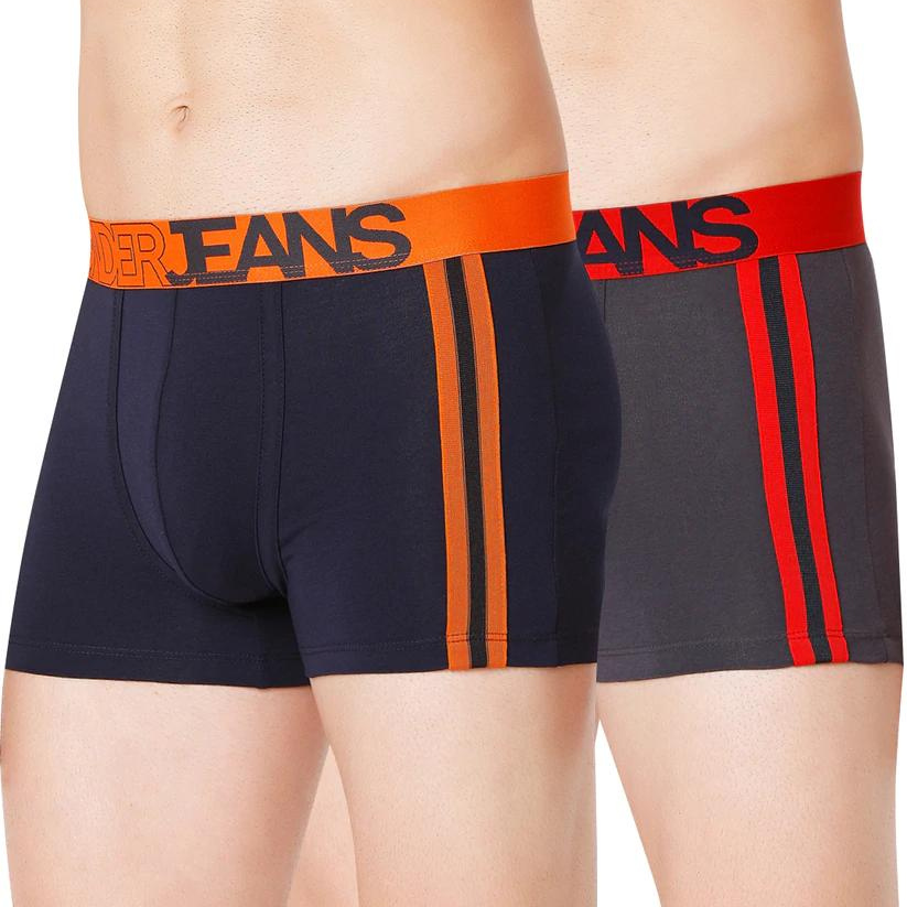 Men Grey-Red & Navy-Orange Cotton Blend Trunk (Pack Of 2)- Underjeans By Spykar